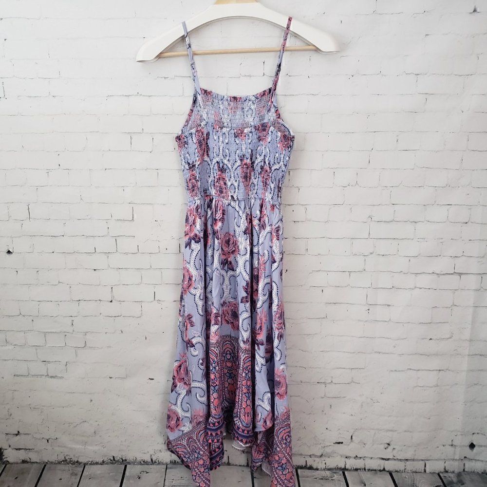 Japana Seersucker Handkerchief Hem Sun Dress Size XS Blue Floral Spaghetti Strap - Picture 4 of 6